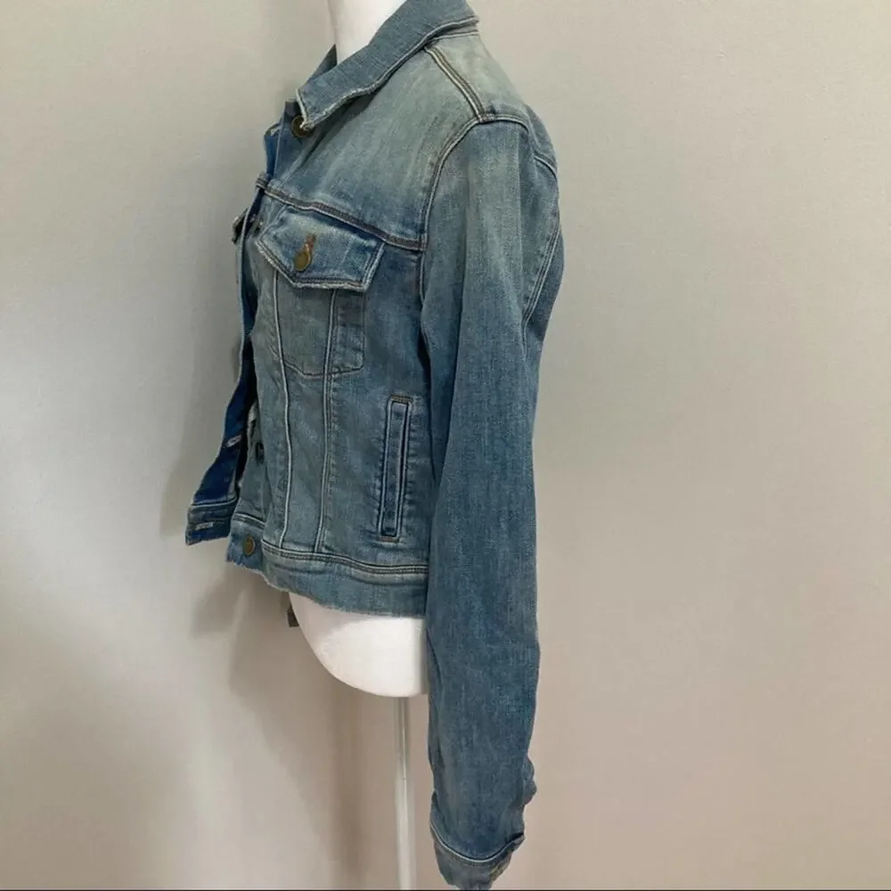 rare J Brand Harlow Cropped Denim Trucker Jacket size M Surface Blue Whiskered